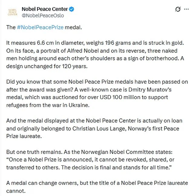 Nobel Committee Condemns Controversial Transfer of Peace Prize Medal to Trump, as Venezuela's Machado Frames It as Symbolic Solidarity with U.S. Policy