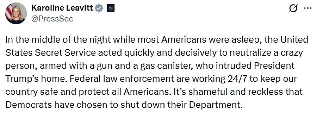 Karoline Leavitt Accuses Democrats of Fueling Failed Trump Assassination Attempt Amid Government Shutdown